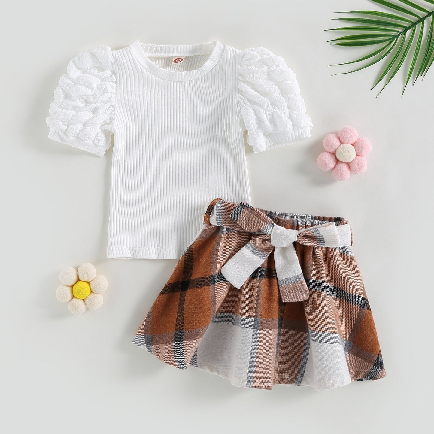 Children's set with checkered brown skirt