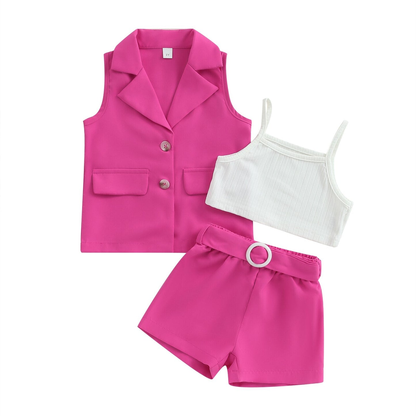 3Pcs Summer Outfits Blazer + Cami Tops + Belted Shorts  2-7T