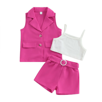 3Pcs Summer Outfits Blazer + Cami Tops + Belted Shorts  2-7T