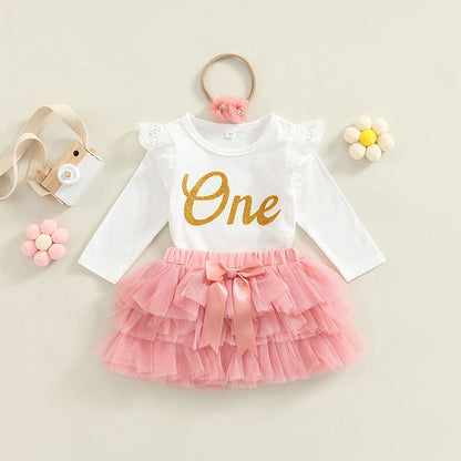 Baby Girls Birthday One Year Birthday Clothes Set Long Sleeve Letter Cotton Bodysuits